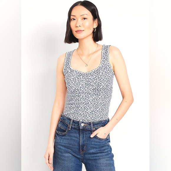 NWT Old Navy Large Ribbed Cinched-Front Navy & White Floral Scoop Neck Tank Top - Picture 1 of 10